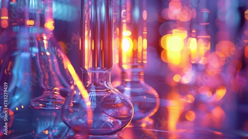Scientific glassware catches fiery reflections in a lab