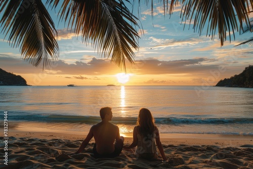 Man and woman sitting on beach watching sunset