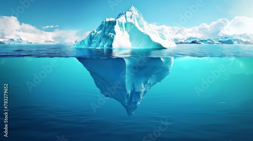 A large iceberg, originating from Antarctica, is seen floating in the ocean waters. The icebergs pristine white surface contrasts with the deep blue of the surrounding water, creating a striking