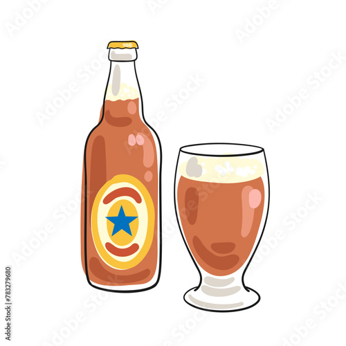 One bottle and glass of British beer. Picture in line style. Black outline with colored spots. Isolated on white background. Vector flat illustration. 