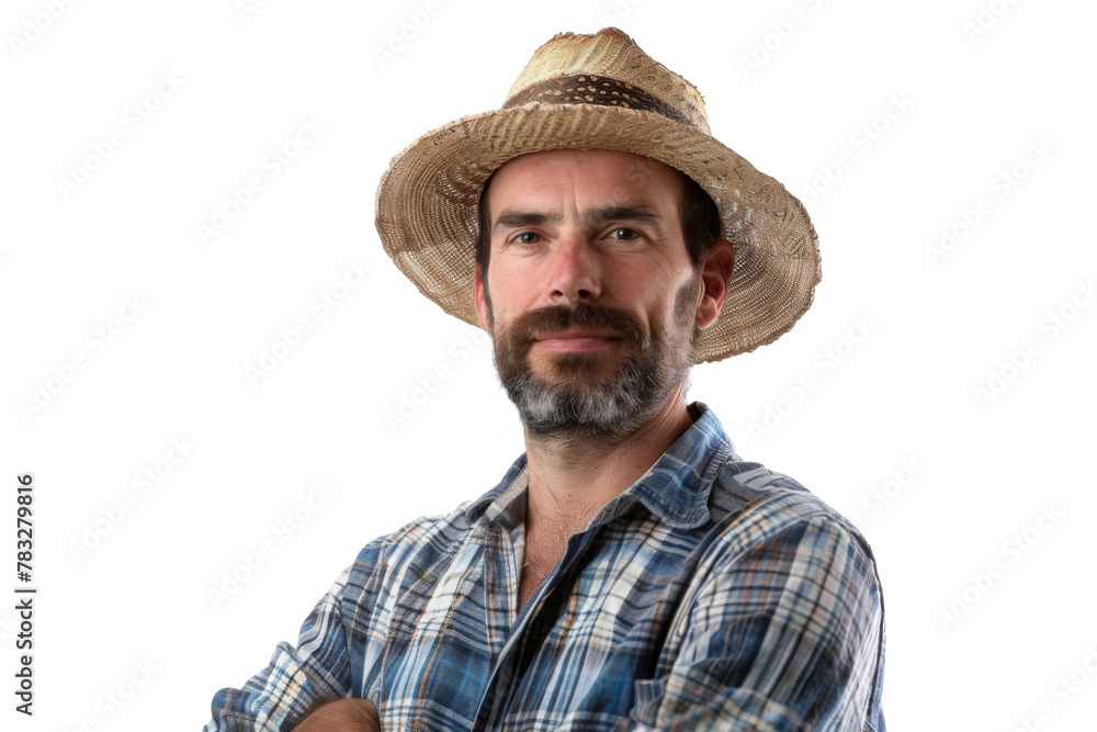 Portrait studio shot of mature senior Farmer man weaning straw hat isolated on transparent png background, person look at camera, agriculture worker. Portrait studio shot of mature senior Farmer man weaning straw hat isolated on transparent png background, person look at camera, agriculture worker.