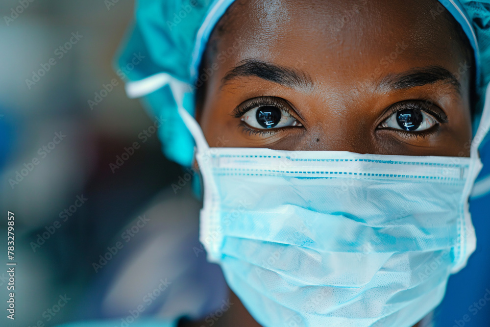 Surgeon Afro-American woman in mask, close up photo. Generative AI Surgeon Afro-American woman in mask, close up photo. Generative AI
