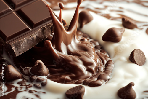 In a splash of cream milk, dark chocolate is presented AI Generative photo