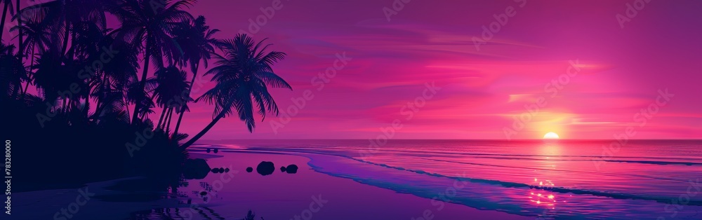 Sun setting over ocean with palm trees