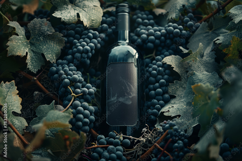 Black glass wine bottle laying among bunches of ripe grapes, top view, mockup, macro shot - obrazy, fototapety, plakaty 