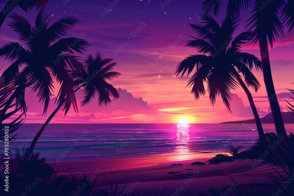 Sunset painting of beach with palm trees