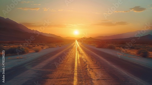 Desert road leading into a serene sunset over a tranquil horizon © rorozoa