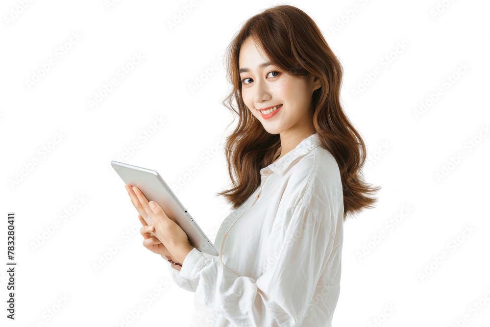 Studio portrait company worker beautiful young Caucasian woman with an attractive smile wearing casual outfits and holding digital tablet, isolated on transparent png background. Studio portrait company worker beautiful young Caucasian woman with an attractive smile wearing casual outfits and holding digital tablet, isolated on transparent png background.