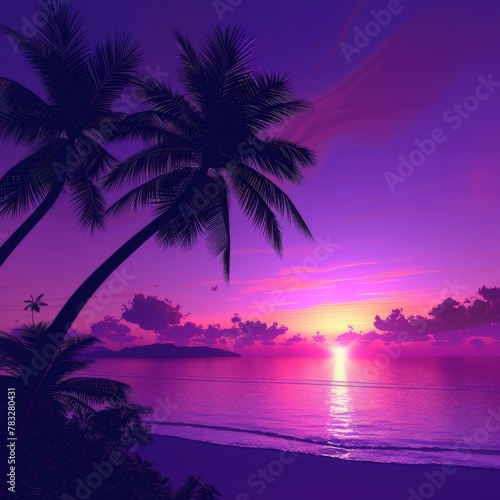 Purple sunset with palm trees on the beach
