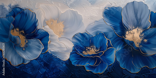 Ethereal Blue Poppies: Textured Acrylic Floral Art with Gold Accents - Elegant Botanical Wall Decor for Refined Spaces