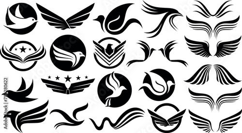 Wing bird logo icon. Wings badge collection. Heraldic eagles, falcons and hawks set. great set collection clip art Silhouette , Black vector illustration on white background . 