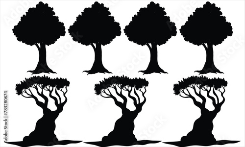 Dead tree silhouettes, dying black scary trees forest illustration, Coconut trees Silhouette Vector set isolated on white background Tree silhouettes Free Vector.
