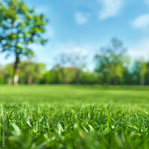 Green grass field with tree in background
