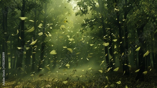 A dynamic forest with leaves in motion on a windy day photo
