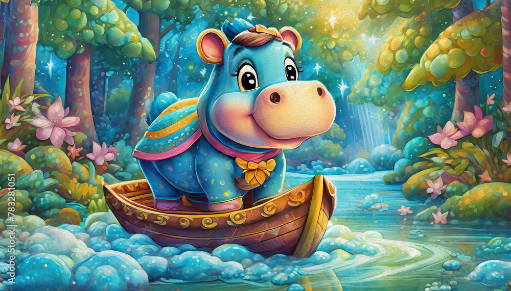 oil painting style Cartoon character Side view of hippo standing on mud in smile boat in forest close up scene, oil painting style Cartoon character Side view of hippo standing on mud in smile boat in forest close up scene,
