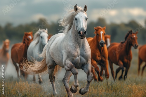 Horses galloping across the steppe, a herd of wild horses photo