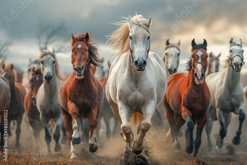 Horses galloping across the steppe, a herd of wild horses