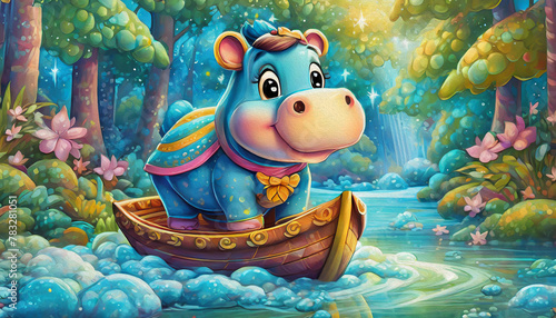 oil painting style Cartoon character Side view of hippo standing on mud in smile boat in forest close up scene,
