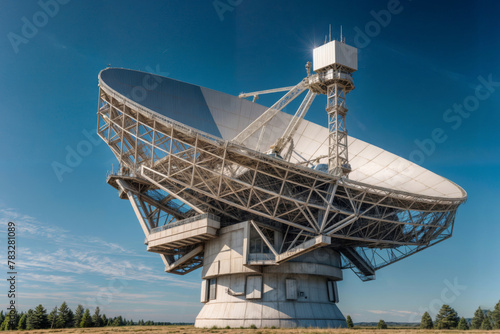 A large white radio telescope dish is sitting in a field. The sky is clear and blue  with a few clouds scattered throughout