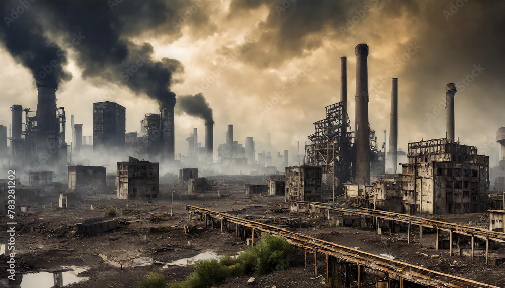 Dystopian cityscapes. Global warming. Industrial area with smoke in the air.