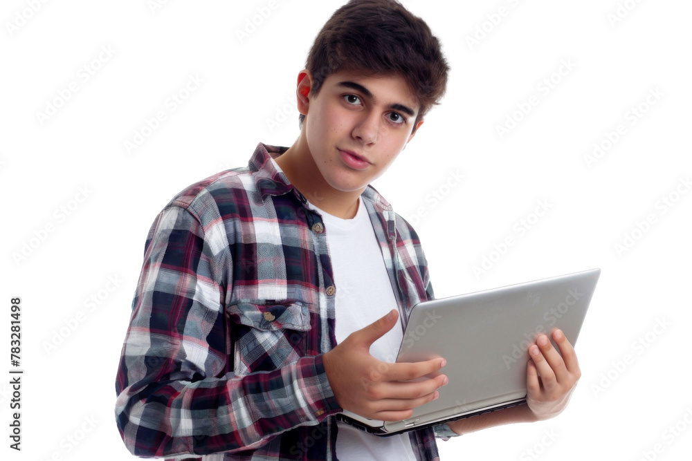 Studio portrait company worker smart young Caucasian man with chill style and serious face wearing casual outfits and holding laptop, isolated on transparent png background. Studio portrait company worker smart young Caucasian man with chill style and serious face wearing casual outfits and holding laptop, isolated on transparent png background.