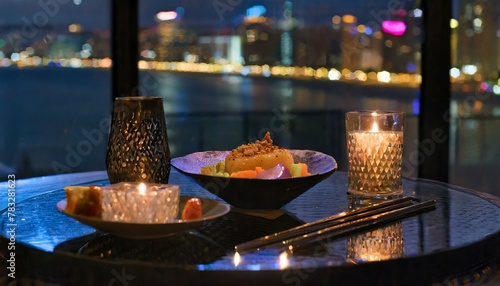  a candlelit dinner with bento cuisine, the city's night lights softly out of focus