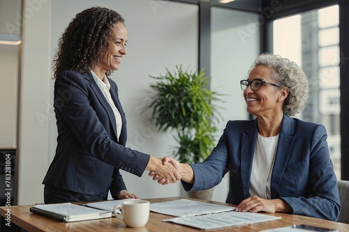 Two women shaking hands in a business setting. One woman is smiling and the other is smiling as well