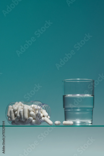 White drugs in a glass bottle and a glass of water photo