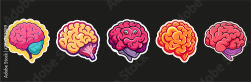 Brain cartoon character sticker set, illustration of a background, brain emoji isolated on black background.