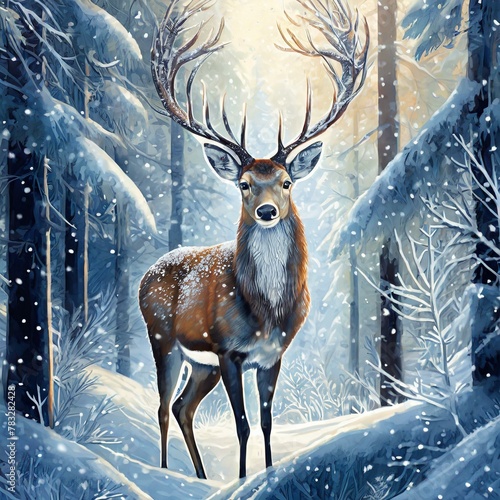 Silent Symphony: Male Deer Gracing Winter Landscape © Basit