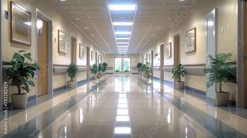 Pristine hospital corridor lined with plants and artwork