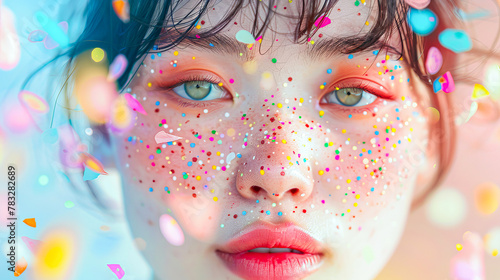 Colorful Confetti Rain on Youthful Face with Vivid Makeup