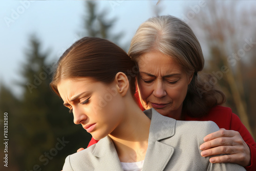 Loving mother providing emotional support to her grown-up daughter, family bond and care concept
