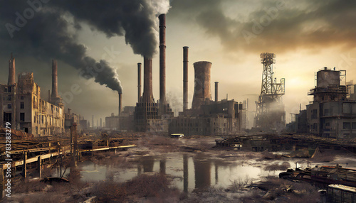 Dystopian cityscapes. Global warming. Industrial area with smoke in the air.