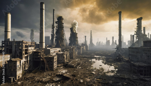 Dystopian cityscapes. Global warming. Industrial area with smoke in the air.