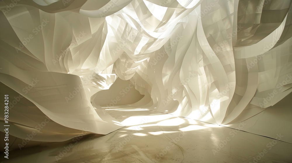 Creative paper art installation incorporating light, shadow, and reflection