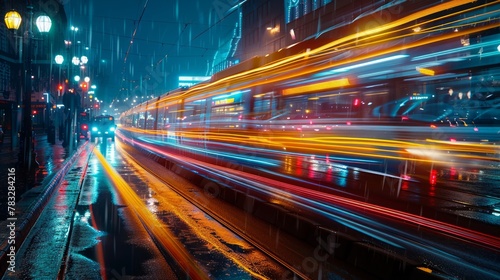 Streaks of light on a tram gliding through rainy night streets