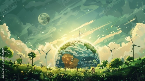 Fototapeta Naklejka Na Ścianę i Meble -  Digital painting of a green earth with renewable energy sources as symbols of unity, bringing people together for a common cause