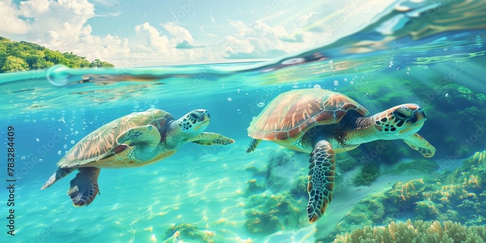 Obraz premium Sea Turtles Swimming Near Coral Reef Under Clear Water