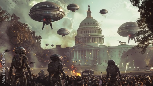 White House Attacked by an aliens. People standing in front of building in Washington, DC, USA. The people are looking towards the camera, some talking amongst themselves, while others are taking photo
