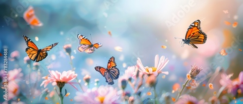 Butterflies on Blooming Cherry Blossoms in Nature