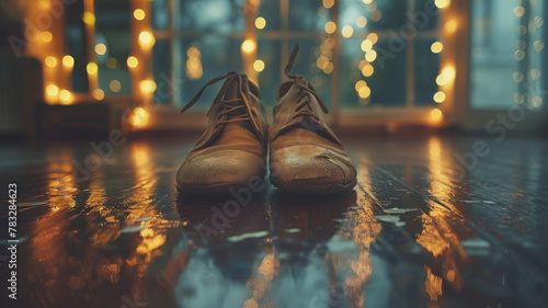 Pair of brown leather shoes on floor