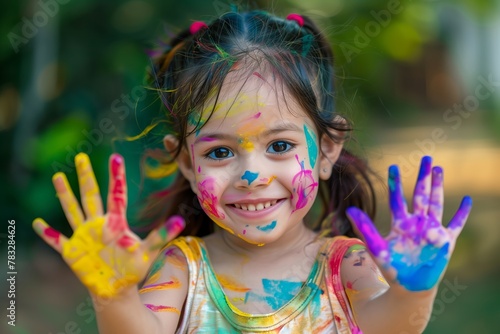 Playful Child with Colorful Hands from Finger Painting