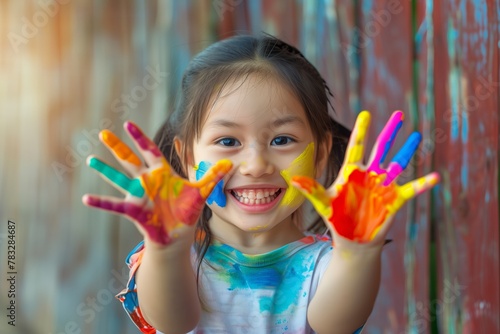 Playful Child with Colorful Hands from Finger Painting photo