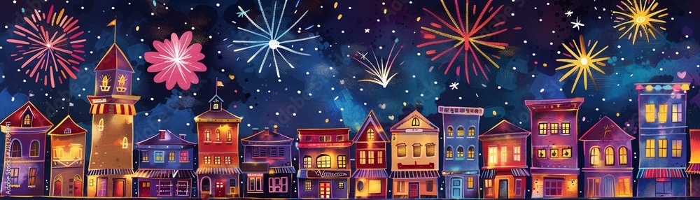 Cartoon fireworks display over a small American town, with buildings painted in festive colors and watercolor skies lit up in joyous bursts.