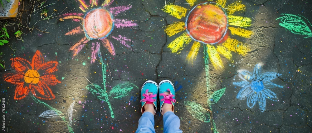 Child's Feet Over Colorful Sidewalk Chalk Art Flowers