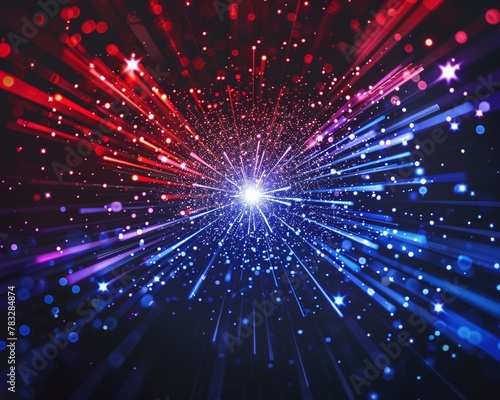 Bold icon of a bursting firework in red, white, and blue, with stars sparkling around, embodying Independence Day celebrations, Technology concept, futuristic background.
