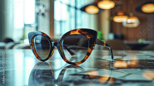 Tortoiseshell sunglasses on table. photo