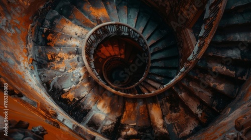 High-angle shot of a staircase in an ancient temple, steeped in spirituality