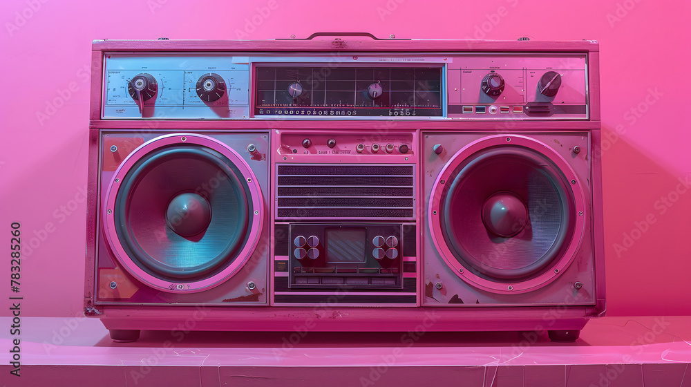 A pink boombox is on a table against a magenta wall